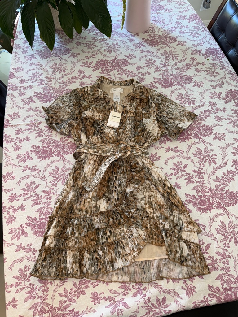 Nwt Steele. Animal Print Ruffled Shirt Dress Xs W/ Optional Belt Neutral Brown